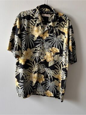 Tommy Bahama Black & Yellow Floral Button-Down Hawaiian Shirt Silk Men’s Large